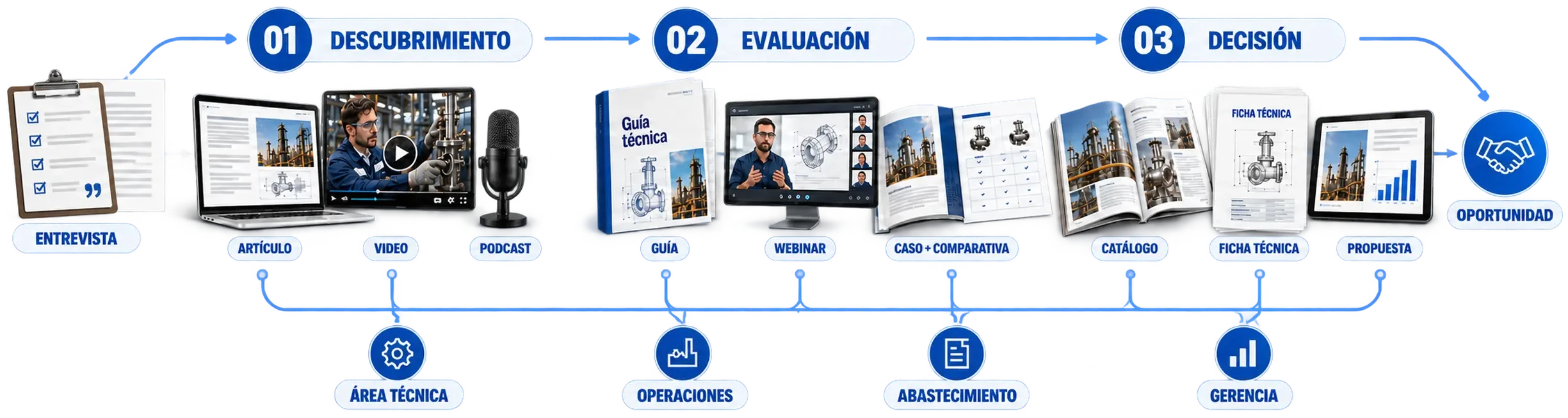Recorrido comercial: una entrevista alimenta contenidos para cada etapa. Descubrimiento: artículo, video y podcast. Evaluación: guía, webinar, caso y comparativa. Decisión: catálogo, ficha técnica y propuesta. El recorrido termina en una oportunidad comercial.