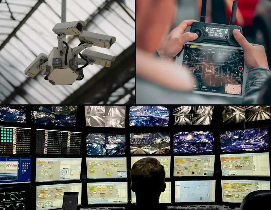 Cámara de vigilancia multisensor, control de dron con mapa en pantalla y operador en una central de monitoreo