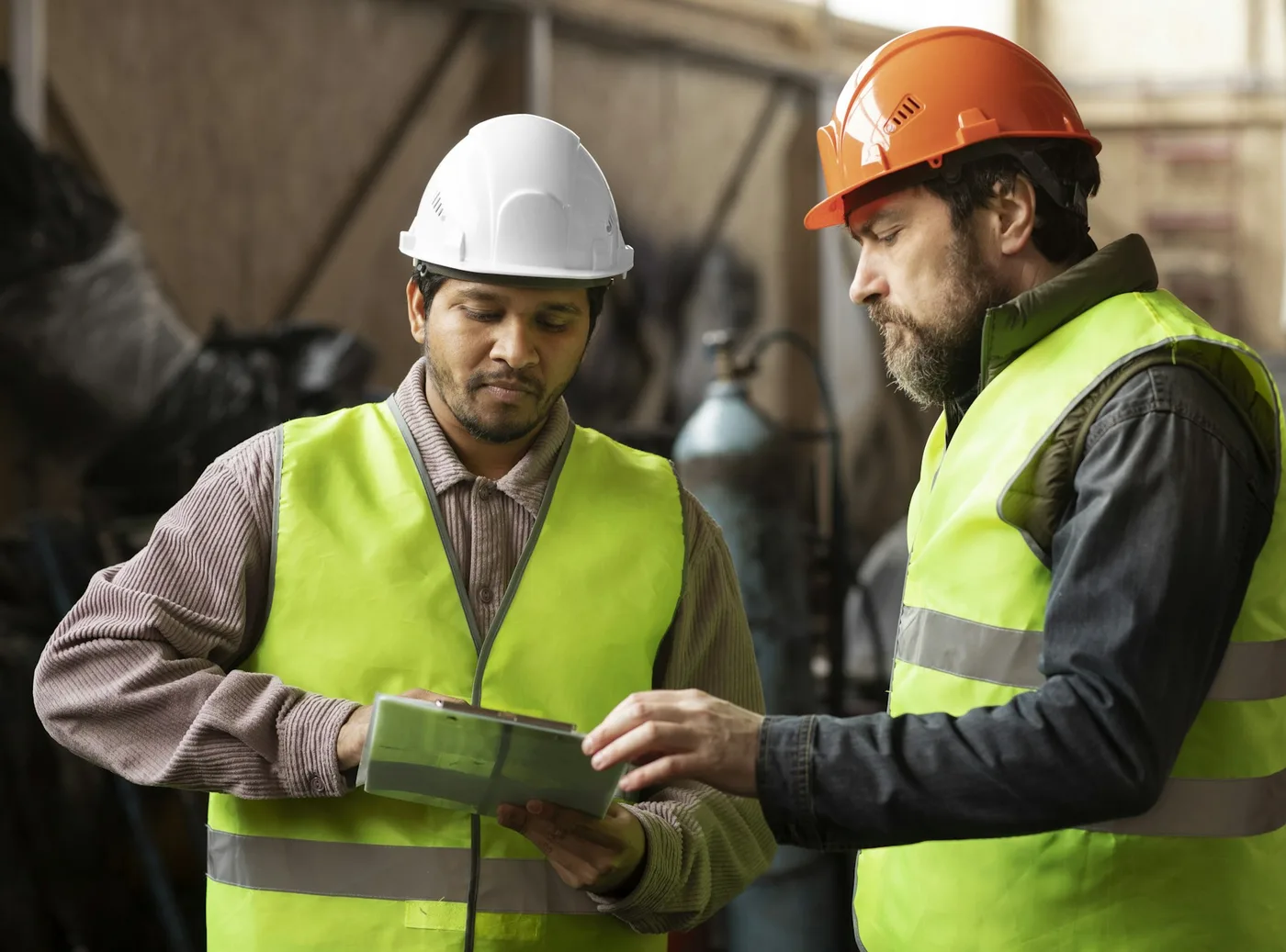 Dos técnicos con casco revisando información en una tableta dentro de una planta industrial