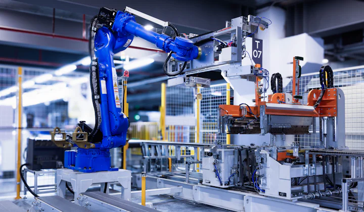 Brazo robótico industrial en una celda de automatización